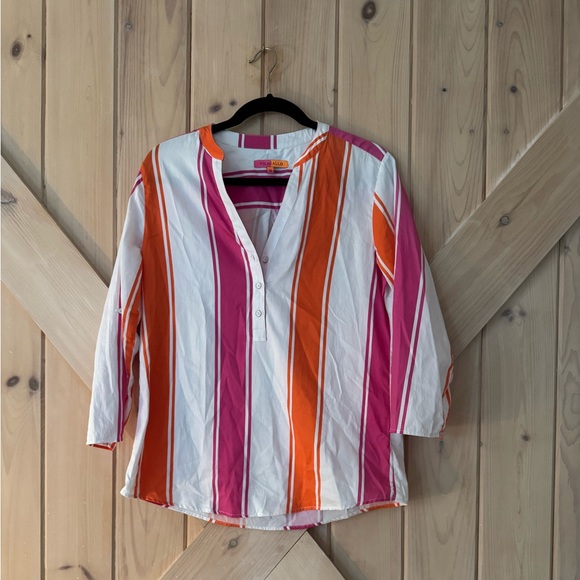 Vilagallo Tops - Vilagallo Pink & Orange Striped V-Neck Tunic